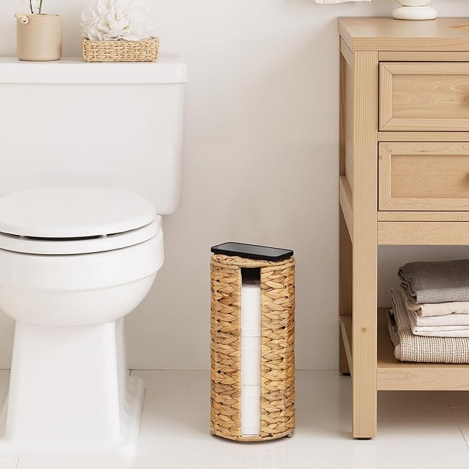 StorageWorks Water Hyacinth Free Standing Toilet Paper Holder Stand for Bathroom, 3 Rolls of Toilet Tissue Storage with a Built-in Cloth Lining, Toilet Roll Holder Stand with Lid (Pack of 2)