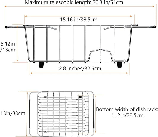 NiuYichee Stainless Steel Dish Drying Rack(15"L X 12.6"W X 4.7"H), Expandable Fruit & Vegetable Drain Rack over Sink, Dish Drainer Rack in Sink, with Stainless Steel Utensil Holder & Silicone Mat(16")