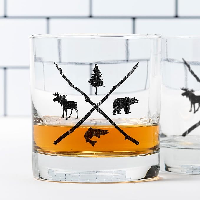Black Lantern Whiskey Glasses Set of 2 11oz Heavy Base Tumblers for Everyday Use - Old Fashioned Glasses - Dishwasher Safe - Pine Bear Trout Moose