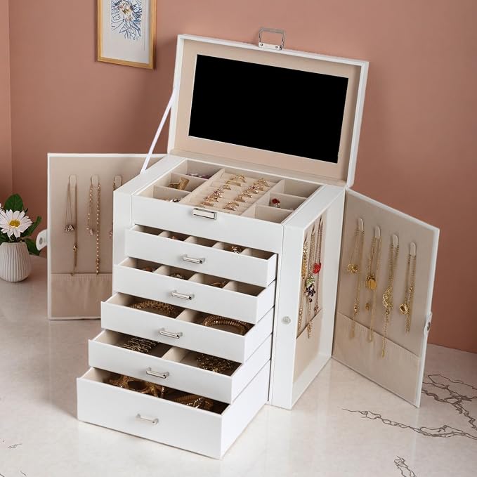 BOOVO Jewelry Box For women, 6 Layer Large Jewelry Organizer With Mirror, Multi-Function Storage Box With Lock, Necklace Holder With 5 Drawers, For Earrings Necklace Bracelet (Silver and White)