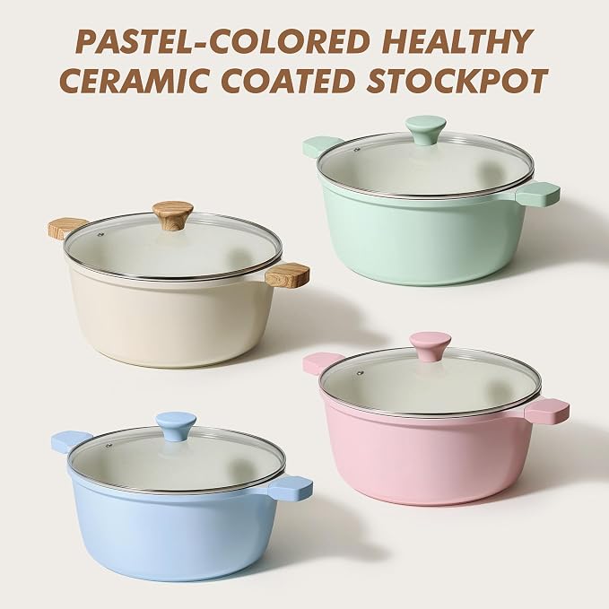 SENSARTE Ceramic Nonstick Stock Pot with Lid, 7 Quart Induction Cooking Pot with Tempered Glass Lid, Stew Pot for Soup and Oatmeal, Pasta Casserole, PFOA PFAS PTFE Free, Pink