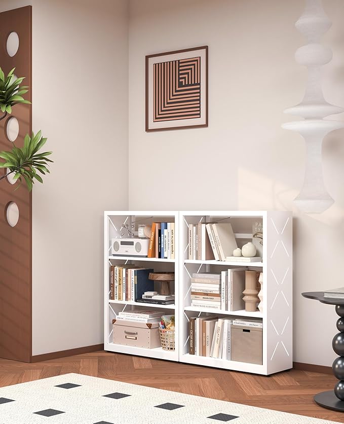 METALOONG 3 Tier Metal Book Shelf, Adjustable Bookcase with Anti-Tip Device & Leveling Feet, Heavy-Duty White Corner Bookshelf for Home Office, Bedroom, Garage