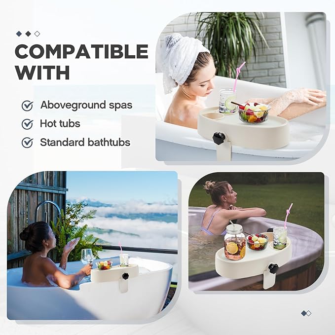 Geelin 2 Pcs Hot Tub Table Tray, Adjustable Aboveground Bathtub Tray with 2 Cup Holder, Between 2'' to 7.5'' Nonslip Hot Tub Accessories Shelf Drinks Snacks Phone Holder for Spa Bathtub (Ivory White)