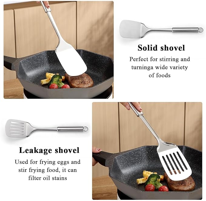 ReaNea Stainless Steel Cooking Utensils Set 4 Pieces, Kitchen Tools Set Include Metal Spatula Set, Kitchen Skimmer, Soup Ladle, Kitchen Gadgets Essentials New Home Must Have