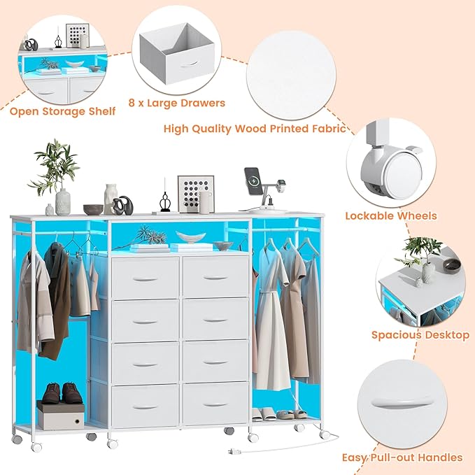 59.1" W Dresser for Bedroom with Hanging Rack, 8 Drawer Dresser with LED Lights & Charging Station, Fabric Dressers with Portable Wheels,Metal Frame, Wooden Top (White)