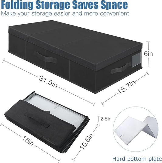 Supowin Underbed Storage Containers Bin with Lids (Set of 2) Large Under Bed Storage Organizer Box with Handle, Foldable Under the Storage Bags for Organizing Clothes, Shoes, Blankets, Pillows-Black