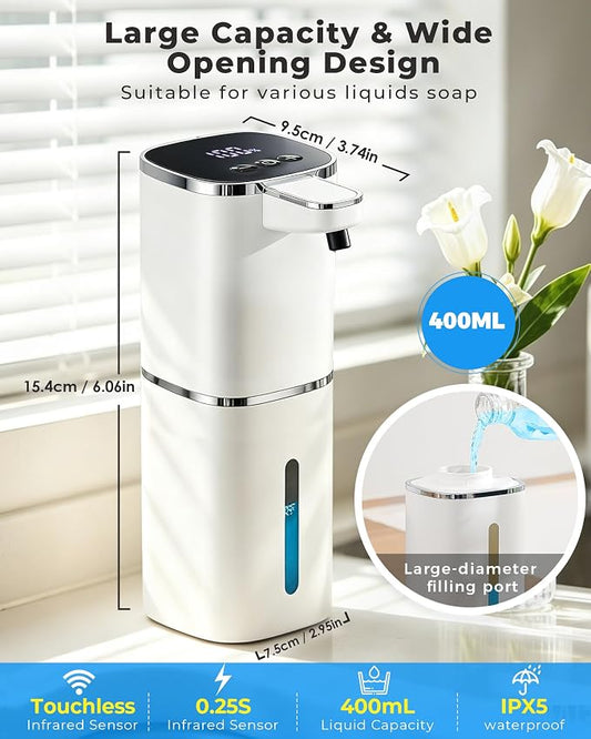 Automatic Foaming Soap Dispenser, 13.5oz/400mL, USB Rechargeable, 9-Adjustable Foam Levels, IPX5 Waterproof, Touchless & Wall/Tabletop Use for Kitchen Bathroom, White