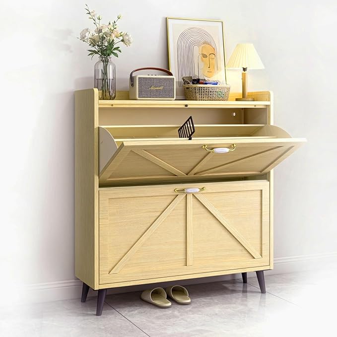 Shoe Storage Cabinet for Entryway with 2 Flip Drawers, Narrow Metal Slim Shoe Cabinet, Freestanding Hidden Shoe Organizer for Foyer, Hallway, Entryway - Wood Color