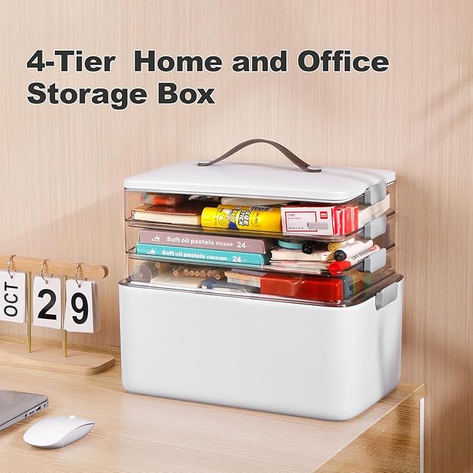 MOPALL 4-Tier Medicine Organizer Storage Box, Portable Latch Bin with Lid and Leather Handle, Cabinet Closet Organization for Home Office, Pill Bottle, First Aid, Sewing, Art, Craft