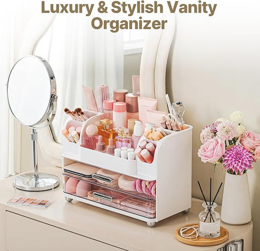 Makeup Organizer with Brush Holder, Makeup Organizer Countertop with 2 Drawers, Make up Organizers for Vanity, Vanity Organizer, Makeup Storage For Skin Cares,Makeup Brushes,Lipsticks,Perfumes(White)