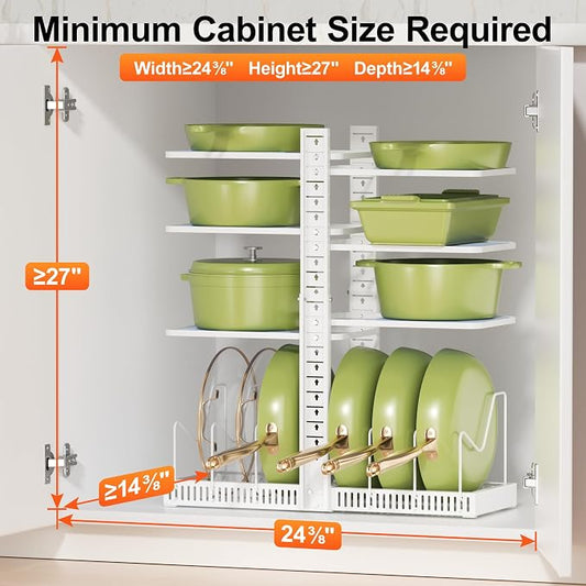 LAMU Pots and Pans Organizer under Cabinet, Pan Pot Organizers inside Cabinet with 6 Shelves and Pot Lid Organizer, Adjustable Height Up to 24", Holds up to 12 Pans, Lightweight Pots, White