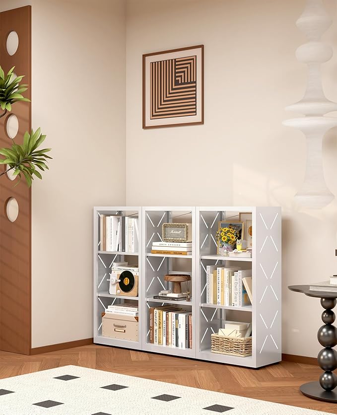 METALOONG 3 Tier Bookshelf, Adjustable Metal Bookcase with Anti-Tip Kit & Leveling Feet, Heavy-Duty Metal Storage Organizer, Modern Corner Shelves for Living Room, Kitchen, Office