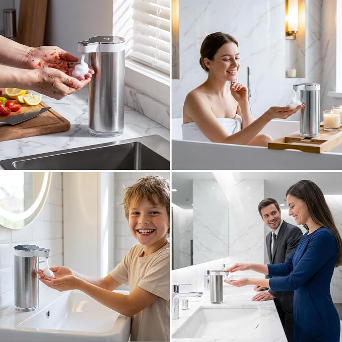 Automatic Foaming Soap Dispenser Touchless, Stainless Steel Hand Soap Dispenser, USB Rechargeable, 4 Adjustable Levels, 11.8oz/350ml for Kitchen and Bathroom (Stainless Steel White, Foam)