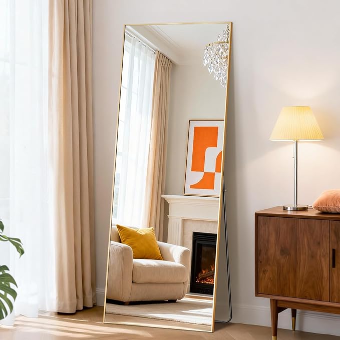 NEWBULIG Mirror Full Length, 56"x15" Body Wall Mirrors with Shatter-Proof Glass, Upgraded Floor Standing Mirror, Hanging or Leaning, with Stand Aluminum Alloy Frame for Home Decor, Bedroom, Gold