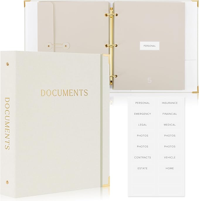 Important Document Organizer Set with Folders - Complete Linen Ring Binder Set Safely Stores All Documents & Files in One Place - Easy to Use Expanding Storage Incl. Envelopes, Pockets & Labels