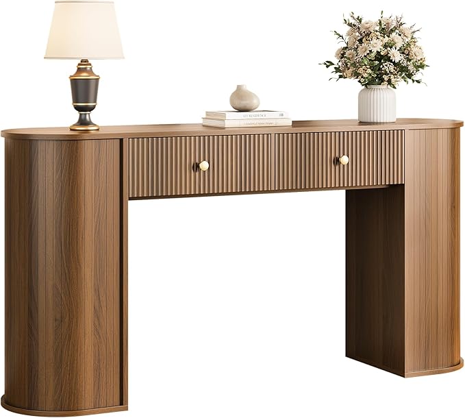 59" Fluted Console Table with 2 Drawers - Wood Entryway Table with Storage, Mid Century Modern Long Sofa Tables Behind Couch with Curved Legs for Living Room, Entry, Hallway, Foyer, Walnut