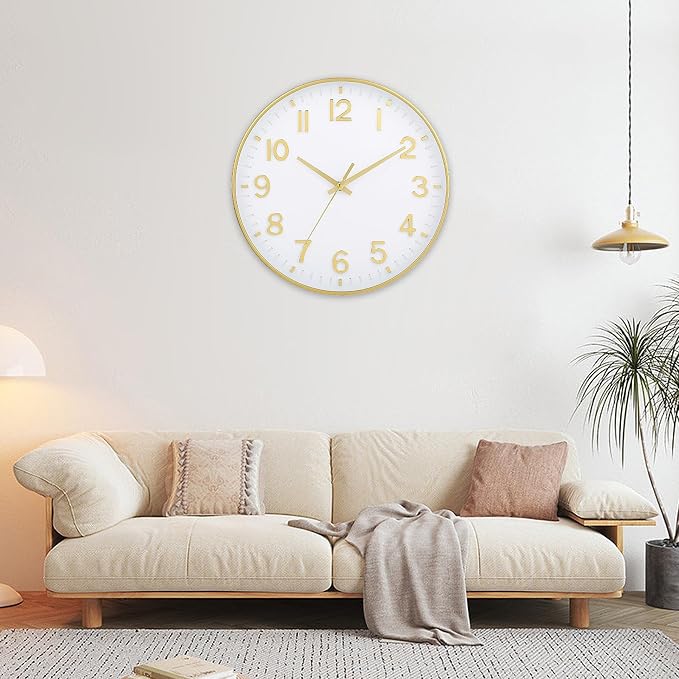 HZDHCLH Wall Clocks Battery Operated,Wall Clock White Gold,10 inch Wall Clock Silent Non Ticking Modern 3D Numbers for Office Kitchen Classroom Bedroom Living Room Decor