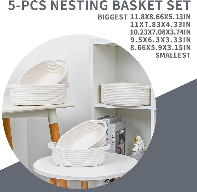 CubesLand Small Woven Rope Toys Basket for Organizing Set 5, Shelves Closet Storage Bins, Empty Gift Baby Shower Basket Also Perfect for Toilet Paper Storage, Organizer Bins Off White