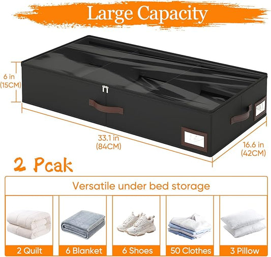 OIAHOMY 2 Pack 53L Under Bed Storage with Adjustable Dividers, 6" Low Profile Underbed Storage Bins for Comforters & Clothes, Save Closet Space with Clear View Lid & Reinforced Handles, Black