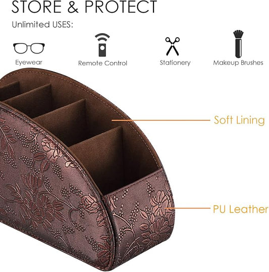 SITHON Remote Control Holder with 5 Compartments - PU Leather Remote Caddy Desktop Organizer Store TV, DVD, Blu-Ray, Media Player, Heater Controllers, Antique