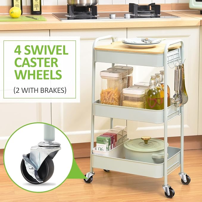 TOOLF 3-Tier Rolling Cart with Table Top, Metal Storage Cart on Wheels, Utility Organizer with Wooden Tray, Lockable Casters, Easy Assembly for Bathroom, Bedroom, Baby Room, Kitchen, Green
