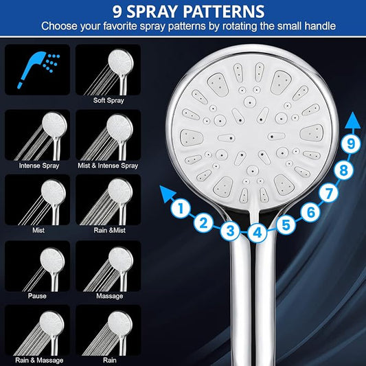 Shower Head, 10 Inch High Pressure Rainfall Shower Head/Handheld Shower Combo with 11 Inch Extension Arm, 9 Settings Adjustable Anti-leak Shower Head with Holder/Hose, Height/Angle Adjustable