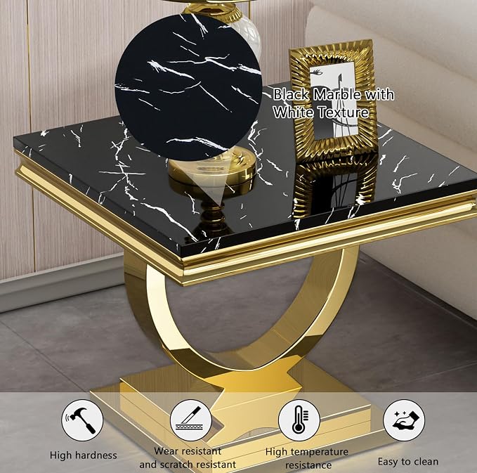 4 Piece Living Room Table Set Include 1 Faux Marble Coffee Table & 2 End Tables & 1 Console Table, Modern Black Gold Coffee Table Set of 4 with Double O Shape Stainless Steel Pedestal Base