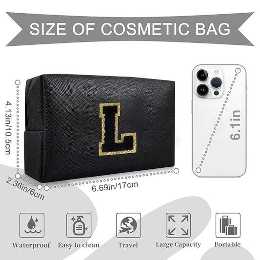 Personalized Initial A-Z Preppy Patch Makeup Bag,Small PU Chenille Letter Cosmetic Bag with Zipper for Teen Girls,Black Cute Toiletry Organizer Bag,Monogram Makeup Case Gift for Women Girls,Letter L