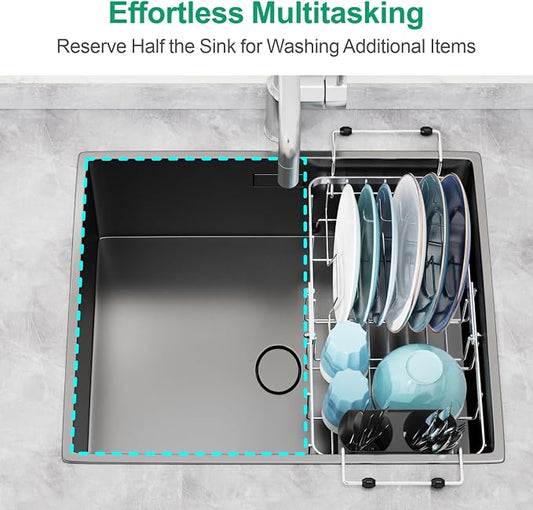 GSlife Small Sink Dish Drying Rack with Silicone Drying Mat - 9" W Expandable Stainless Steel Compact Dish Drainer with Lock Knob for RV, Apartment, Camper, Kitchen, 11.9"-16.7" L, Silver