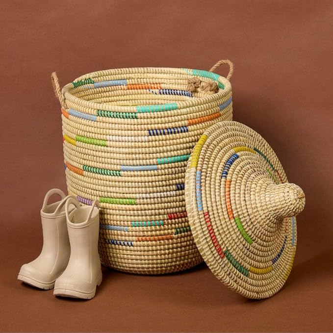 Basket, Laundry Hamper, Toy Storage, Blanket Basket, With Lid, Wicker, Woven, Bedroom, Living Room, Nursery, Decorative, Small, Beige Colors