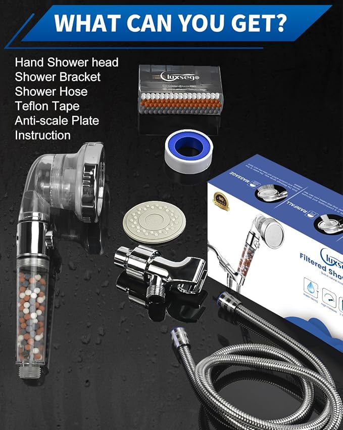 Filtered Shower Head for Hard Water with Stop, High Pressure 4-Mode Shower Heads Built-in Power Spray to Clean Corner, Tub & Pets, Water Softener Handheld Shower to Remove Chlorine & Fluoride
