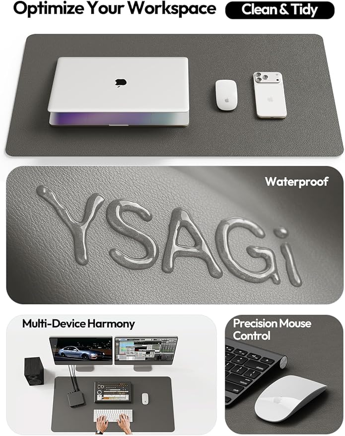 YSAGi Leather Desk Protector, Office Mat, Large Mouse Mat, Non-Slip PU Leather Blotter, Laptop Desk Mat, Waterproof Writing Pad for Office and Home(Dark Grey, 63" x 17.2")