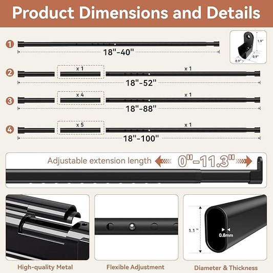 Oval Closet Rod 18-40 Inch Adjustable Closet Rods for Hanging Clothes Heavy Duty Black Poles Bar with End Supports Rust Proof Wardrobe Rod for Laundry Room RV