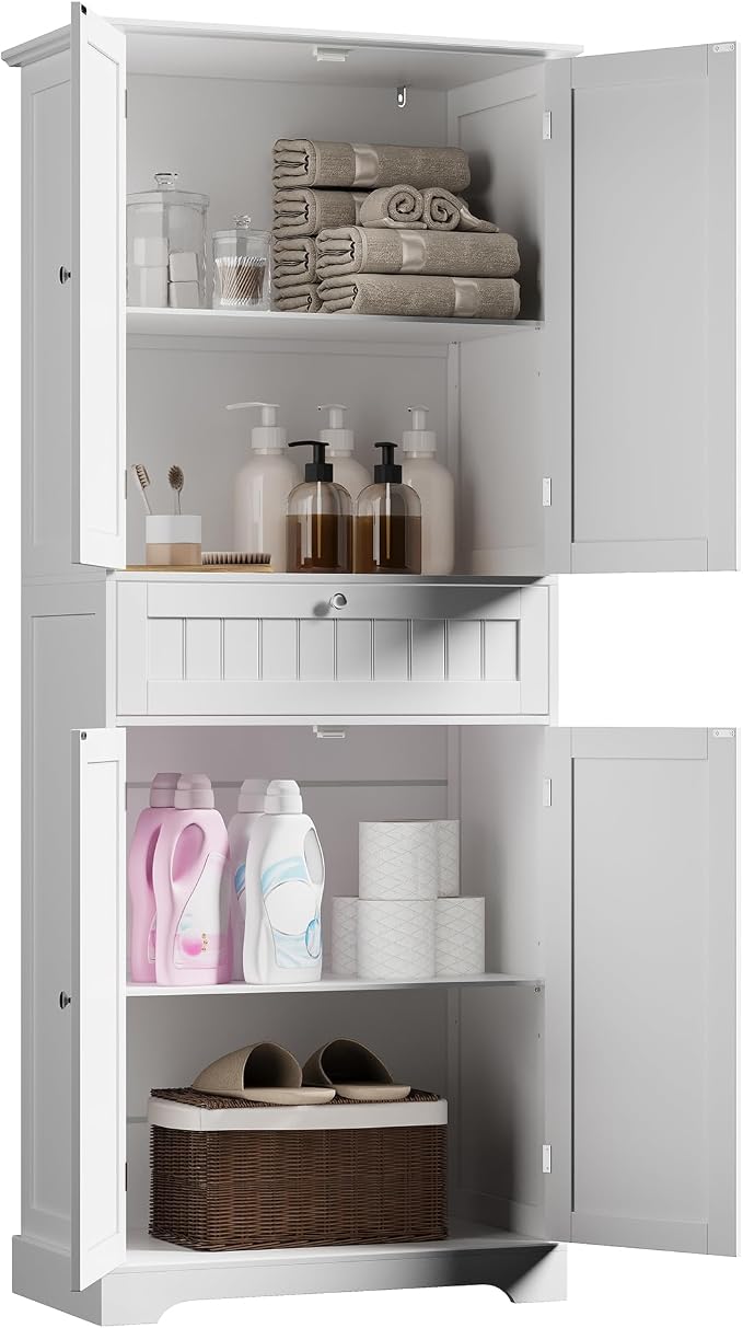 ChooChoo 72" H Tall Bathroom Floor Cabinet, Modern Bathroom Storage Cabinet with Drawer and Adjustable Shelves, Freestanding Kitchen Pantry Cupboard with 4 Doors for Living Room, White