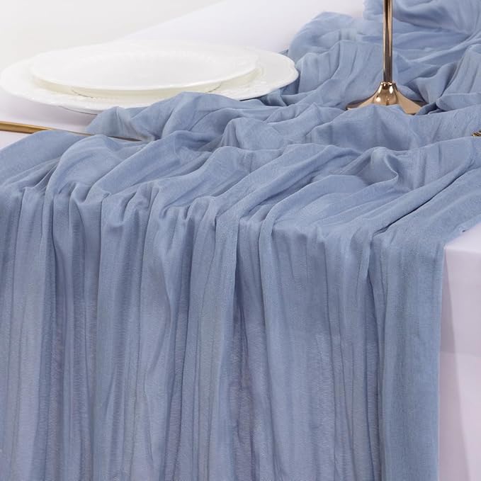 Socomi 6pcs Dusty Blue Valentine's Day Cheesecloth Table Runner Boho Rustic Gauze 120 inch 10FT Cheese Cloth Runner for Wedding Party Baby Shower Birthday Home Decor Holiday Decorations