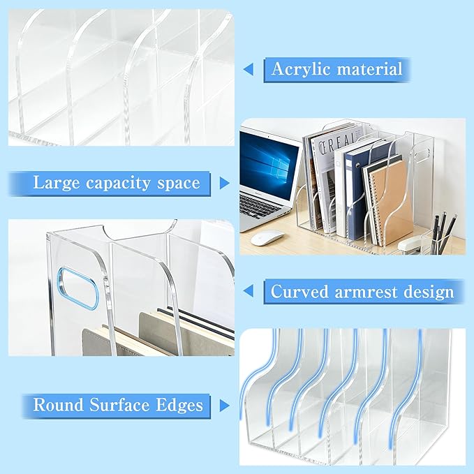 5-Tier Clear Acrylic File Holder, Vertical Document Organizer for Magazines, Binders, Notebooks & Envelopes - Multi-Purpose Desk Storage for Home Office(A4,5 Sections)