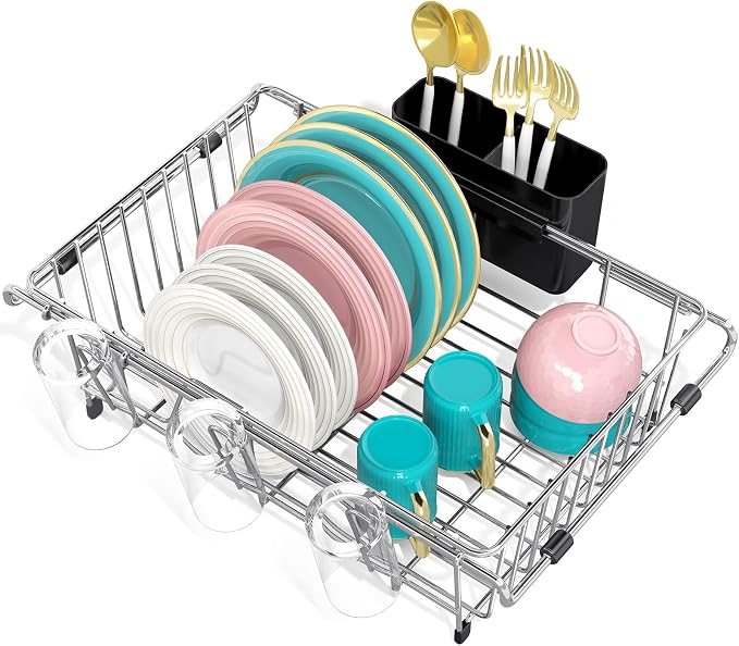 Urackify Dish Drying Rack in Sink, Stainless Steel Expandable Over the Sink Dish Rack with Utensil Holder & Cup Holder, Kitchen Drying Rack for Inside Sink, 15.35" x 11.02" x 4.84", Silver
