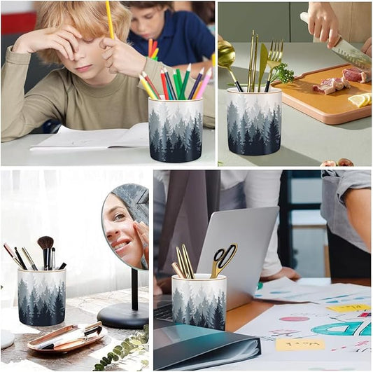 WAVEYU Pen Pencil Holder for Desk, Ceramic Pens Cup Cute Makeup Brushes Holder, Unique Desk Multifunctional Pen Organizer for Home, Office, and School, Forest Pattern