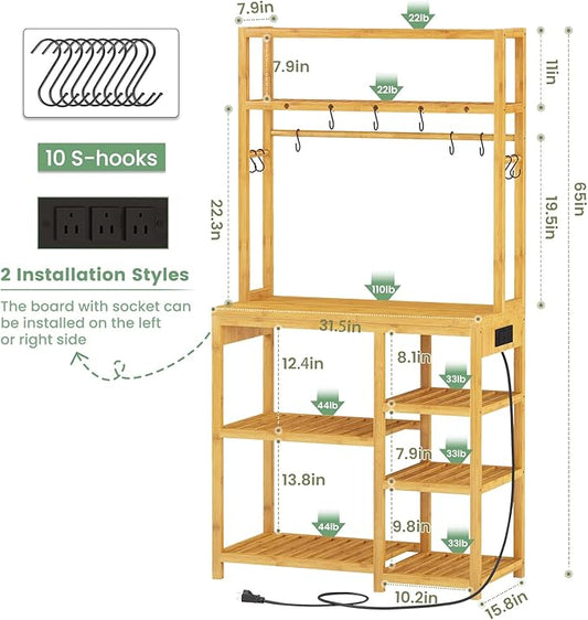 FORABAMB Bakers Rack with Power Outlets, 8-Tier Microwave Stand, Kitchen Utility Storage Shelf 10 S-Shaped Hooks, Coffee Bar Table Station, Standing Rack, 31.5 x 15.7 x 65 Inches, Bamboo