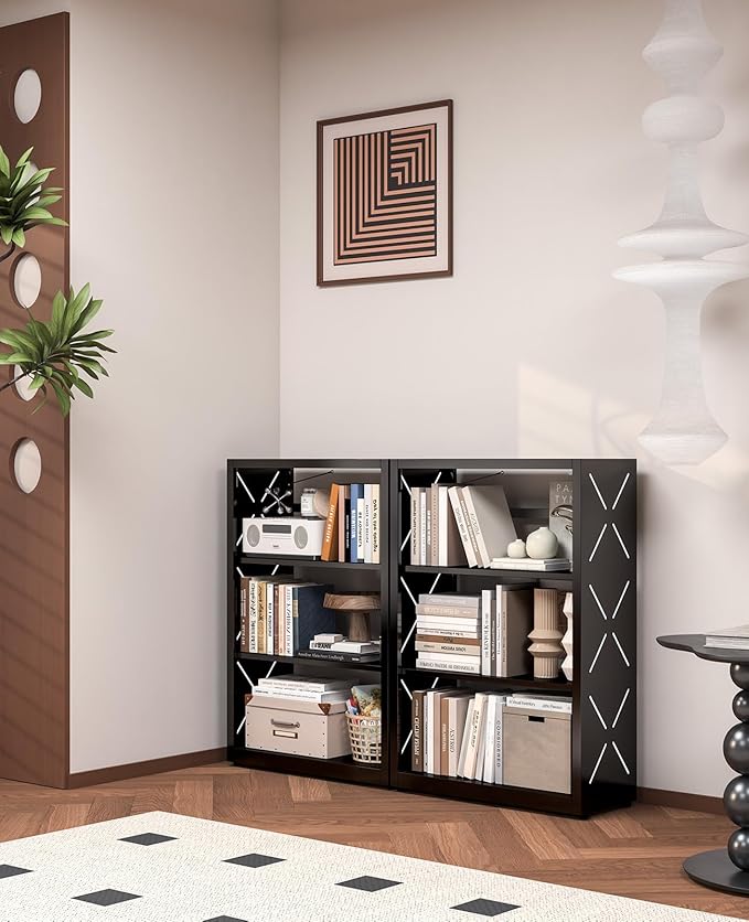 METALOONG Metal Book Shelf, 3-Tier Adjustable Bookcase with Anti-Tip Kit & Leveling Feet, Heavy-Duty Metal Storage Organizer, Modern Corner Shelves for Bedroom, Garage, Home Office