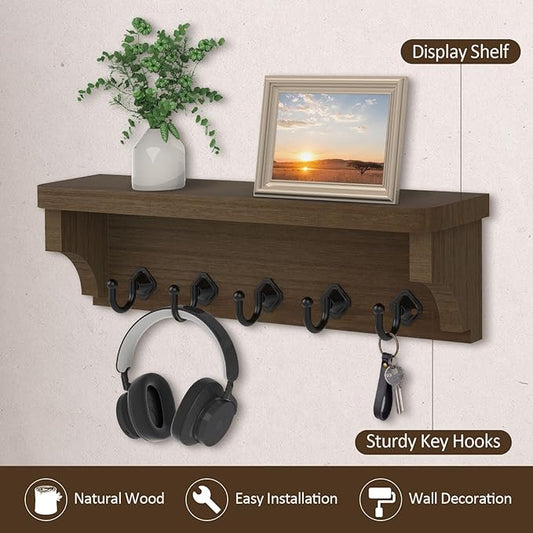 Nekon Key Holder for Wall, 11.8" W x 3.5" H x 2.8" D Decorative Key Organizer with Floating Shelf, Wall Mount Key Rack with 5 Hooks (Rustic Brown)