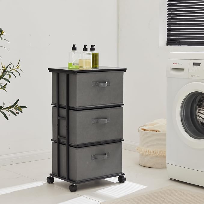 MAX Houser Dresser Tower with 3 Drawers for Bedroom, Fabric Storage Organizer Unit, Chest of Drawers with with WoodTop, Small Vertical Storage for Guest Room, Closet, Entryway(Grey)