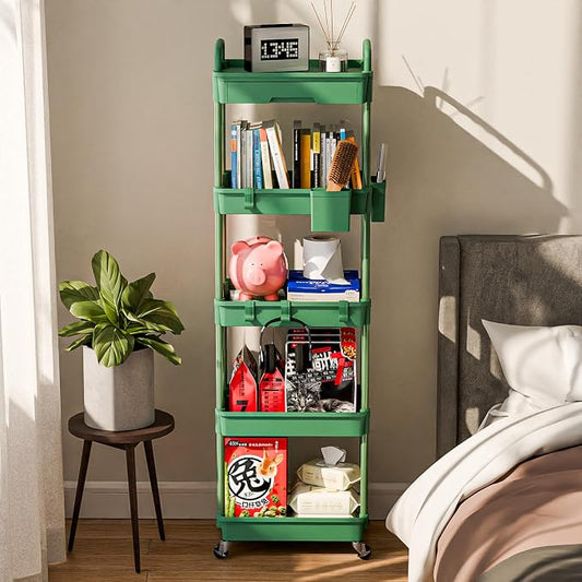 Sorgion 5 Tier Rolling Cart Organizer,Bathroom Cart Organizers with Wheels Laundry Room Organization Mobile Shelving Unit Utility Cart Storage Shelves Multi-Functional for Office, Home(Green)