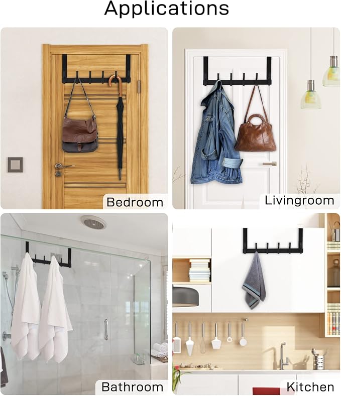 Optish Over The Door Hooks, Door Hanger Hooks for Hanging, Towel Racks for Bathroom with 12 Coat Hook, Coat Rack College Dorm Essentials Bathroom Accessories(1 Pack, Black)