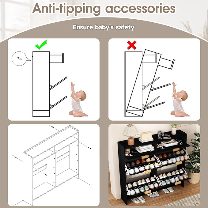 Rattan Shoe Storage Cabinet with 4 Flip Drawers & 2 Drawers, Freestanding Organizer for Front Door Entrance, Hidden Narrow Shoe Rack Cabinet Storage for Entryway, Black