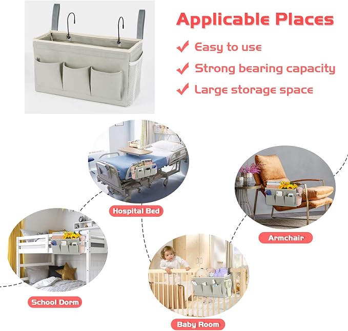 Loghot Bedside Caddy/Bedside Storage Bag Hanging Organizer for Bunk and Hospital Beds,Dorm Rooms Bed Rails,Can be Placed Glasses,Books,Mobile Phones,Keys (New Grey)