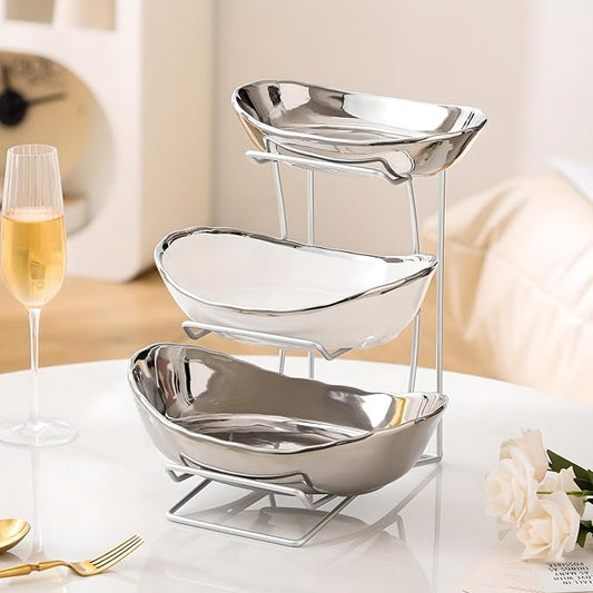 MEIGLQEA Gold Silver Fruit Bowl with Metal Stand, 3 Tier Ceramic White Fruit Bowl Fruit Rack for Kitchen Counter, Tiered Fruit Basket for Snacks Bread Candy Storage (Silver (Smooth Surface))