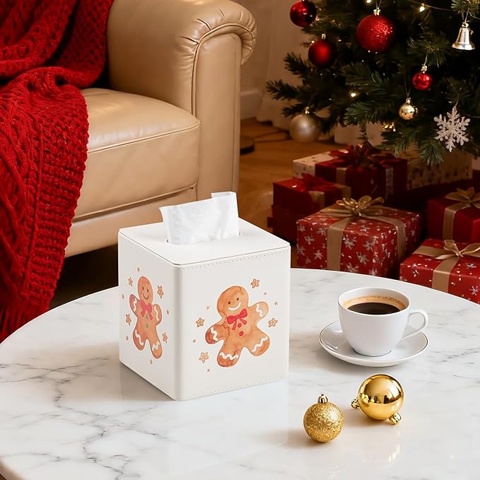 JLAMBOM PU Leather Tissue Box Cover Square Tissue Box Holder with Magnetic Closure, Decorative Tissue Holder for Bathroom Bedroom Office (Gingerbread Man)
