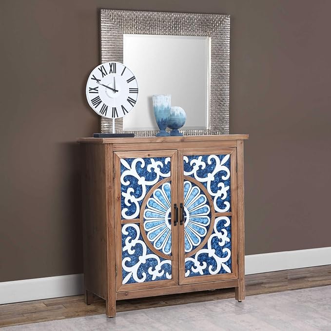 Sophia & William 2-Door Accent Cabinet, Distressed Decorative Storage Cabinet with Wood Frame and Blue and White Floral Pattern for Entryway Hallway Lvinig Room
