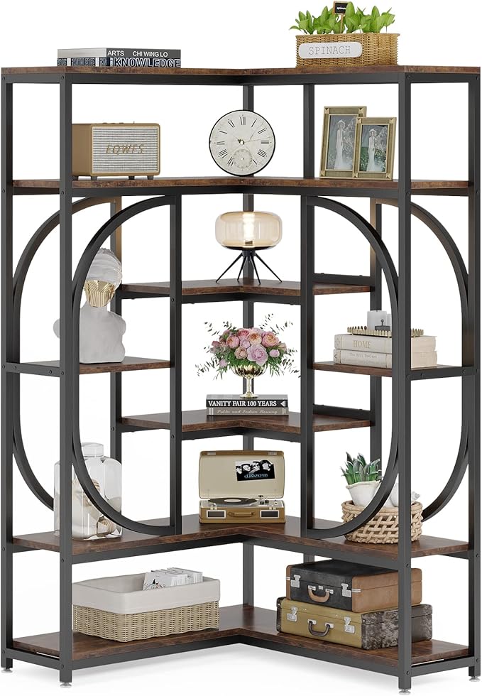 Tribesigns 7-Shelf Corner Bookshelf, Large Modern Corner Bookcase, Tall L-Shaped Corner Shelf Stand Display Rack with Storage, Metal Frame for Living Room Home Office (Rustic Brown)